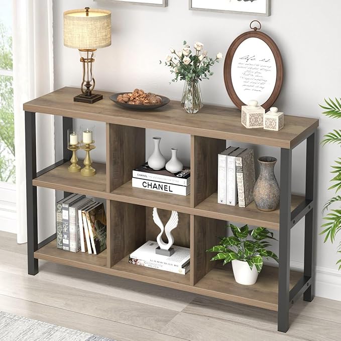 FOLUBAN 6 Cube Storage Organizer with Shelf, Industrial Horizontal Bookshelf, Low Cubby Bookcase for Living Room Bedroom, 47 Inch Oak