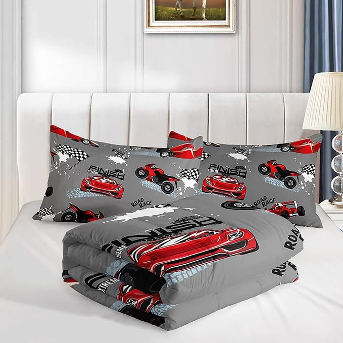 Axolotl Kid Comforter Set Queen Size,Racing Car Bedding Set for Boys Girls Teen Car Racing Gifts,Race Cars Quilt Bed Set with 1 Comforter 2 Pillowcases,Red Grey