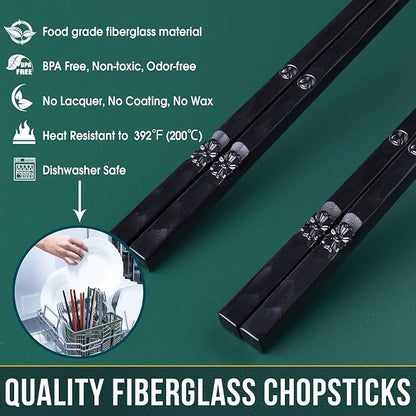 5 Pairs Japanese Fiberglass Chopsticks, GLAMFIELDS Reusable Chop sticks Dishwasher Safe, Non-slip, 9 1/2 inches - Gift Set Black