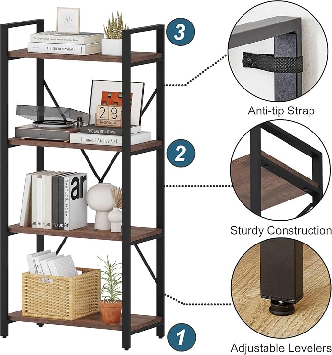 BON AUGURE Industrial 4 Tier Bookshelf, Modern Open Etagere Bookcase, Wood Metal Vintage Shelving Unit for Office Bedroom and Living Room (Rustic Oak)