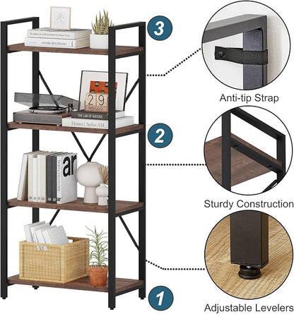 BON AUGURE Industrial 4 Tier Bookshelf, Modern Open Etagere Bookcase, Wood Metal Vintage Shelving Unit for Office Bedroom and Living Room (Rustic Oak)