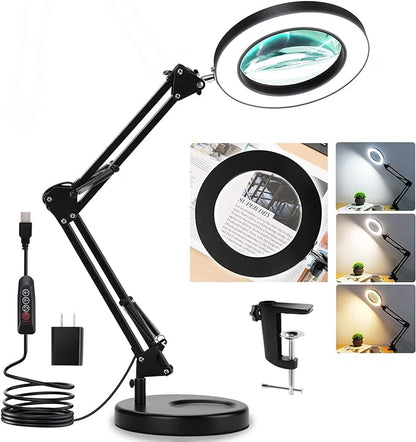Magnifying Glass with Light and Stand, Veemagni 8X Real Glass 2-in-1 Desk Lamp & Clamp, 3 Color Modes Stepless Dimmable, LED Lighted Magnifier with Light for Hobby Reading Crafts Repair Close Works