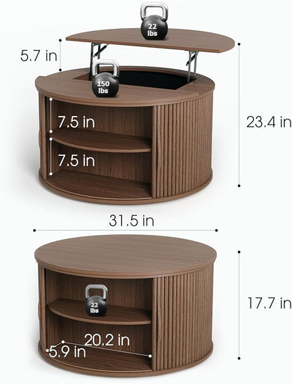 Round Coffee Table with Lifting Top,31.5”Mid Century Modern Lift Top Coffee Table with Hidden Compartment,Fluted Small Center Table for Living Room,Walnut