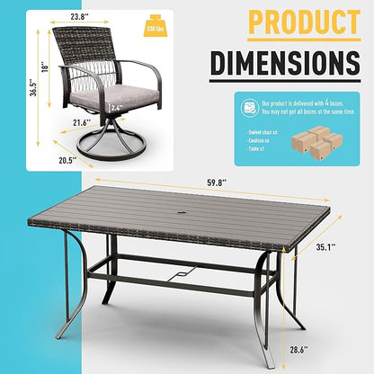 Pamapic 7 Piece Patio Dining Set for 6,Wicker Outdoor Furniture Set for Backyard Garden Deck Poolside with Iron Slats Table Top,6 Cushions Swivel Rocker Chairs,Removable Cushions(Gray)
