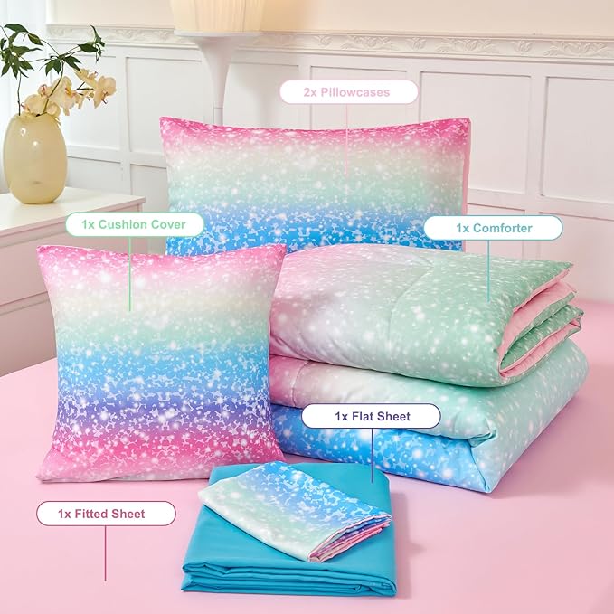 PERFEMET Girls Comforter Set with Sheets 6 Pieces Full Size Bedding Set Blue Pink Green Ombre Bed in A Bag Rainbow Tie Dye Kids Bed Sets Grandient Glitter Full Comforter Sets
