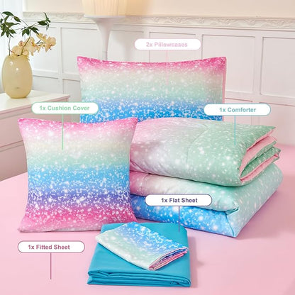 PERFEMET Blue Green Twin Comforter Set for Girls, 6 Pcs Colorful Rainbow Kids Bedding Sets, Tie Dye Ombre Twin Comforter Set with Sheets, Gradient Glitter Bed Sets for Bedroom Decoration