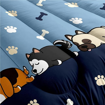 Bedding Set, 3Pcs Cartoon Dog Comforter Set for Boys, Queen Size, Lovely Puppy Patterns, Fun Animal Lover Quilt with 2 Pillowcases