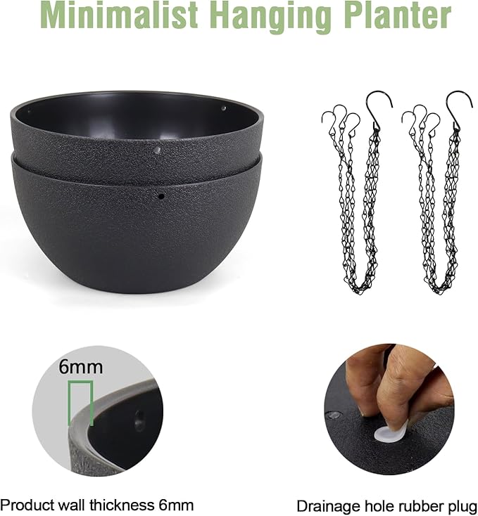 8 inch Small Hanging Planters Plant Pots for Indoor Outdoor Plants, 2 Pack Hanging Flower Pots with Drainage Holes and Chain for Garden Porch, Plastic Hanging Baskets for House Plants, Black