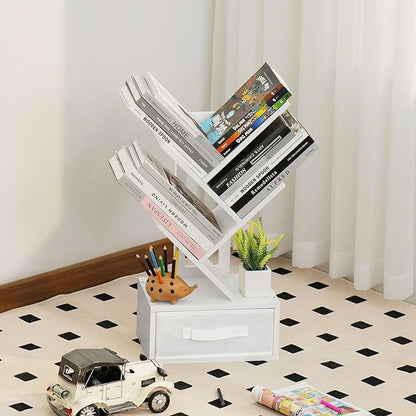 Small Bookshelf with Drawer,4 Tier Tree Book Shelf,Wood Desk Bookshelves,Modern Free Standing Desktop Display Shelves,White Floor Standing Organizer Bookcase for Living Room,Bedroom,Office