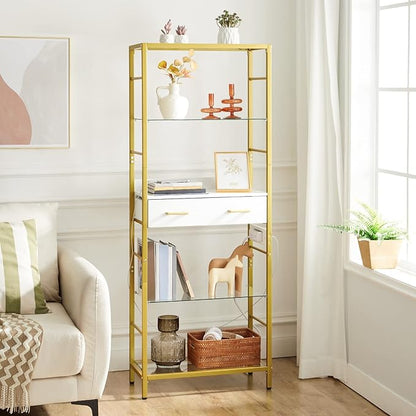HOOBRO 5 Tier Bookcase, White and Gold Bookshelf with Drawer, Storage Shelves with Charging Station, Tempered Glass Bookshelf with Metal Frame, Open Display Shelves for Living Room, Gold DW65USJ01