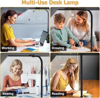 Led Desk Lamp for Home Office, Hand Sweep Sensitive Desk Light, 24w Ultra Bright Double Head Desk Lamp with Clamp & Flexible Gooseneck, Dimmable Eye Protection Reading Light for Workbench, Drawing