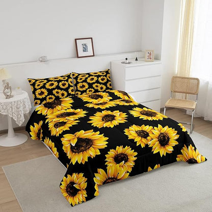 3D floral Comforter Set Queen for Kids Girls Women Yellow Flowers Bedding Set Sunflower Pattern Decor Quilted Duvet Set Botanical Floral Print on Black Down Comforter Garden Bloom Bed with pillowcases