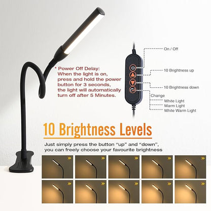 Clip on Reading Light, Clip Light, Warm & Daylight & White Light 3 Colors, Eye-Care Clamp Lamp with 10 Dimmable Illumination Modes