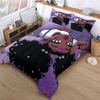 Twin Bedding Sets for Girls, African American Black Girl Magic Comforter Set with Girl Lay on Bed, Purple Bed Set for Toddler Kids, Little Girls Bedroom Decor, 1 Comforter with 2 Pillowcases