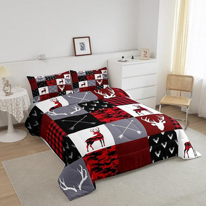 Deer Silhouette Comforter Set Queen Size,Antler Arrow Grid Stripe Design Bedding Duvet 3pcs for Kids Teens Adult Boys Girls Home Room Decoration, Camouflage Christmas Style Red Quilt Set