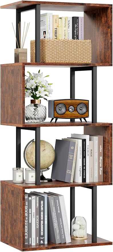 Furologee 5-Tier Bookshelf, S-Shaped Geometric Bookcase, Narrow Freestanding Display Shelves, Modern Wood Decorative Storage Shelving Rack for Bedroom, Living Room, Home Office, Rustic Brown