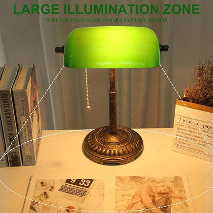 Bankers Lamp, Green Desk Lamp with Pull Switch, Vintage Table Lamps for Home Office, Library, Piano LED Bulb Included (Green)