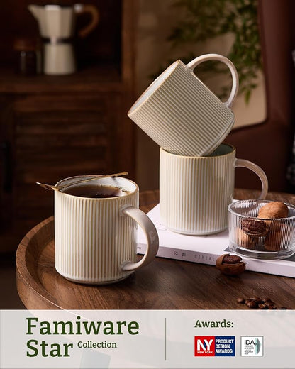 famiware Coffee Mug Set for 4, Star 16 oz Catering Mugs Cup Set with Handle for Coffee, Tea, Cocoa, Milk - Ceramic Stoneware Drinkware Set, Cappuccino White