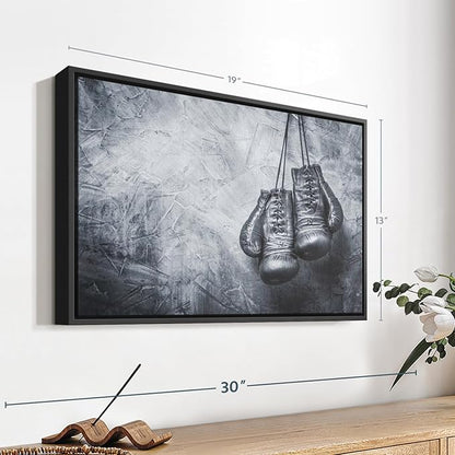 ElephantStock Boxing Gloves Wall Art - Horizontal Framed Canvas - 1-Piece Living Room Wall Decor - Photography Sports Canvas Print - Black and Gray Decor for Wall - 19" X 13"