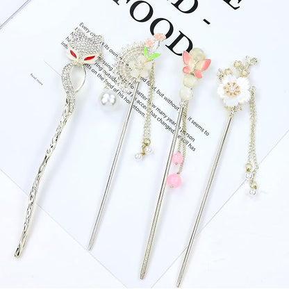 inSowni 8 Pieces Retro Vintage Asian Japanese Chinese Hanfu Rhinestone Gold Metal Flower Hair Sticks with Flower Pearl Crystal Fox Butterfly Hair Pins Forks Chopsticks Bun Updo Holders for Women Girls