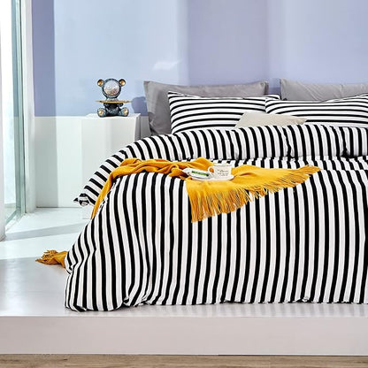 White and Black Stripes Comforter Set King Women Bedding Set Soft Durable White Striated Bedding Set Black Stripes Ticking Quilts Hotel Quality Comforter Set Girls White Black Stripes Bed Set