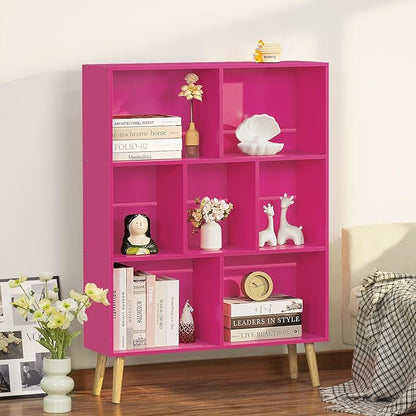 LEYAOYAO 7 Cube Bookshelf,3 Tier Book Shelf with Legs,Pink Modern Bookshelf,Large Freestanding Open Toy Modern Bookshelves,Display Bookcases Decor Furniture for Nursery