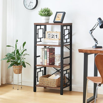 Bookshelf, Vintage Industrial 4 Tier Bookshelf, Freestanding Narrow Bookcase with Rustic Wood and Metal, Small Bookshelf for Home Office, Bedroom & Living Room, Retro Brown