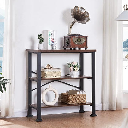 HOMBAZAAR Bookshelf, 3-Tier Vintage Industrial Book Shelf, Rustic Wood and Metal Bookcase and Bookshelves, Free Standing Storage Small Bookshelf for Living Room, Bedroom and Kitchen, Brown