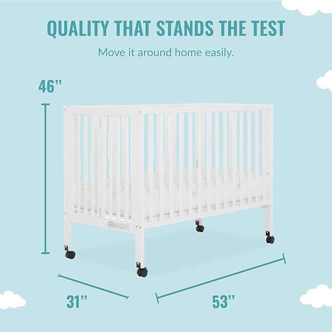 Quinn Full-Size Folding Crib In White, Removeable Wheels, Modern Nursey, Adjustable Mattress Support, Portable Crib, Patented Folding System