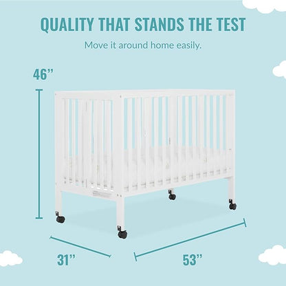 Quinn Full-Size Folding Crib In White, Removeable Wheels, Modern Nursey, Adjustable Mattress Support, Portable Crib, Patented Folding System
