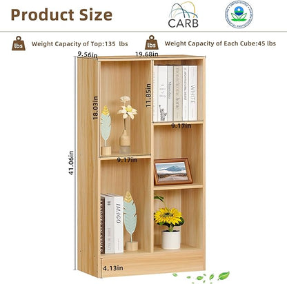 LEYAOYAO 5 Cube Mid-Century Modern Natural Wood Bookshelf with Base, 3 Tier Storage Organizer Shelf, Rustic Wood Display Cabinet for Bedroom, Living Room, Office