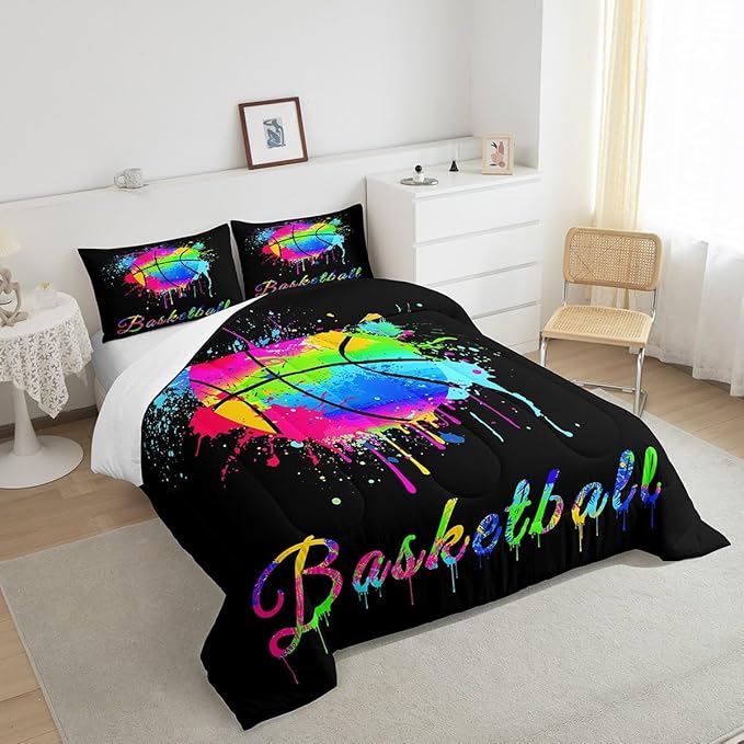 Feelyou Kids Basketball Comforter Set Twin Size Gaming Sports Bedding Set for Boys Girls Teens Bedroom Decor Ball Games Tie Dye Comforter Gift for Basketball Lover Duvet Set with 1 Pillow Case