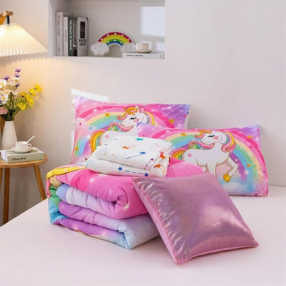 Aimuan Girls Unicorn Comforter Set 6 Pieces Pink Purple Bedding Set with Rainbow Star Galaxy Stars Fantasy Children Room Decor Soft Reversible Bed Sets for Boys/Girls/Teens (Rainbow Full6Pcs)