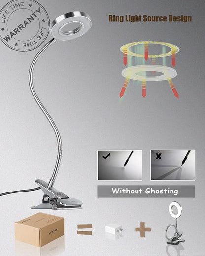 LED Reading Light, Dimmable Clamp Light for Bed Headboard, Bedroom, Office, 3 Modes & 9 Dimming Levels, Flexible Clip Desk Lamp, Adapter Included (Mattesilver)