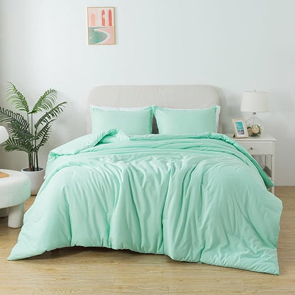 Queen Sage Green Comforter Set, Solid Lightweight Skin-Friendly Boho Bedding Set & Collections, Breathable Fluffy Microfiber 3 PCS (90"x90") Comforter Set for All Seasons with Pillowcases