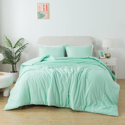 Queen Sage Green Comforter Set, Solid Lightweight Skin-Friendly Boho Bedding Set & Collections, Breathable Fluffy Microfiber 3 PCS (90"x90") Comforter Set for All Seasons with Pillowcases