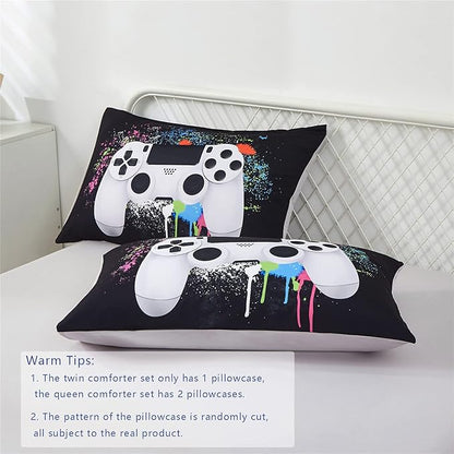 KAKKI 5 Piece Boys Queen Gamer Comforter Set with Sheets, 3D Colorful Video Game Controller Comforter for Kids Teen, All Season Soft Microfiber Gaming Bedding Set(White,Queen)