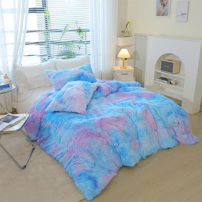 Faux Fur Kids Girls Blue Rainbow Comforter Sets Twin/Full - 3PC Bed Set Warm Comfortable Soft Plush Flannel Velvet Fluffy Fuzzy Bedding（Comforter x 1 Pillowcases x 2）