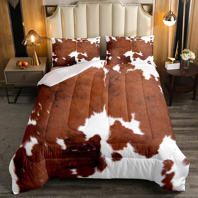 Cow Print Comforter Set Queen Size,Cowhide Print Bedding Set Teens Adults,Farmhouse Animal Hair Down Comforter,Rustic Western Bedding For Kids Boys Girls Teens Adult Bedroom Decor, Brown White