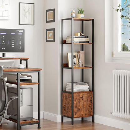 Furologee 5-Tier Bookshelf, Narrow Shelf with Storage Cabinet for Bedroom, Metal and Wood Shelf, Industrial Freestanding Display Tall Shelf for Living Room, Home Office, Bathroom, Rustic Brown