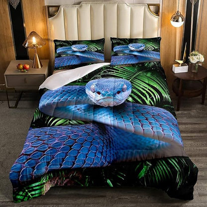 Erosebridal Snake Comforter Set King, Blue Snake Duvet Set, 3D Reptile Bedding Comforters, Blue Scales Quilt Set, Palm Leaf Wild Animal Stylish Quilted Duvet for Kids Boys Teens Man Bedroom Decor
