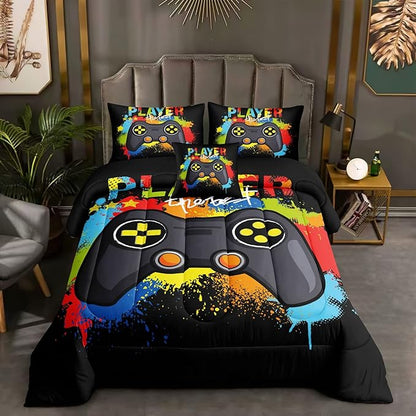 6 Pieces Gaming Bedding Set for Boys Gamer Comforter Set Full Size,Game Controller Comforter for Boys Kids 6 Pieces Bed in A Bag 3D Gamepad Microfiber Bedding Sets,DJT H5019 Full