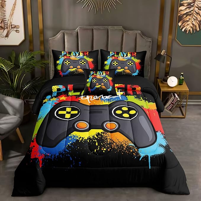 6 Pieces Gaming Bedding Set for Boys Gamer Comforter Set Queen Size,Game Controller Comforter for Boys Kids 6 Pieces Bed in A Bag 3D Gamepad Microfiber Bedding Sets,DJT H5019 Queen