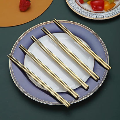 10 Pairs Reusable Chopsticks, Titanium Gold Plating Stainless Steel Metal Chop Sticks, Japanese Chinese Korean Chopstick Dishwasher Safe, 8.9 Inch (Gold / Chop sticks)