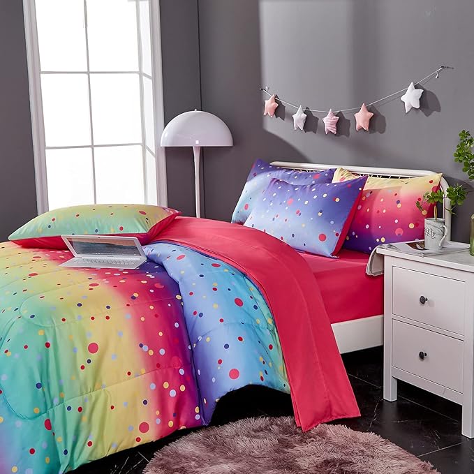Colorful Polka Dots Rainbow Comforter Set for Teen Girls Women,Twin Size 4 Piece Bed in A Bag,Circles Printed Comforter and Sheets,Ultra Soft Microfiber All Season Bedding Set(Twin,Dots)