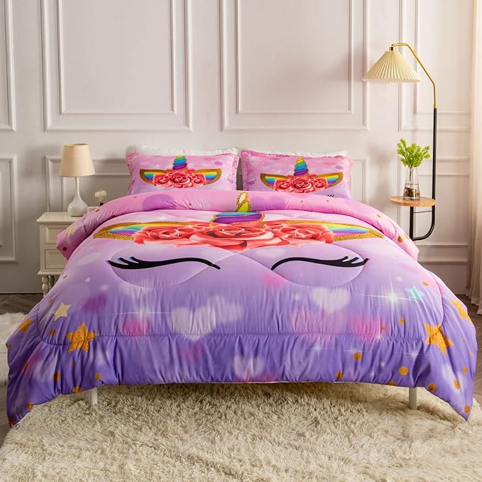 Unicorn Full Bedding Sets for Girls Kids Comforter Set Full Size with 2 Pillowcases Purple Unicorn Room Decor for Girls Bedroom Ultra Soft Machine Washable Toddler Bed Set