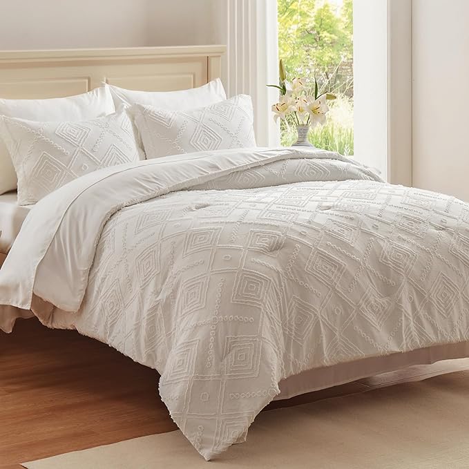 EMME Queen Comforter Set - 7 Pcs White Boho Bedding Sets, Full Size Tufted Comforter with Sheets, Shabby Chic Embroidery Bed Set Fluffy Bed Bag for All Season(90"X90")