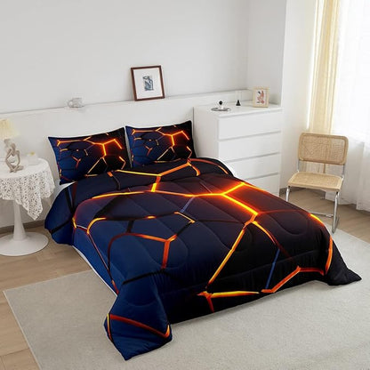 Honeycomb Print Bedding Set Red Black Fire Hexagonal Pattern Comforter Set for Kids Boys Girls Teens Beehive Geometrical Comforter Breathable Simplistic Duvet Set Room Decor Quilt Set Queen Size