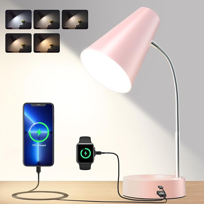 RUNTOP Pink Desk Lamp, Desk Lamps for Home Office, Desk Light for Kids, Desktop/Computer Study Lamps, Bedrooms Adjustable Gooseneck Reading Lamp with USB Port, 5 Brightness Levels, 5 Color Temperature