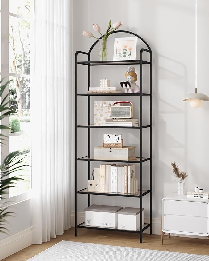 Bookcase Bookshelf, Tempered Glass Bookshelves, Slim Shelving Unit for Bedroom, Bathroom, Home Office, Steel Frame, 6 Tier Black BC21699B